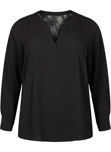 Long-sleeved blouse with lace detail , Black, Packshot image number 0