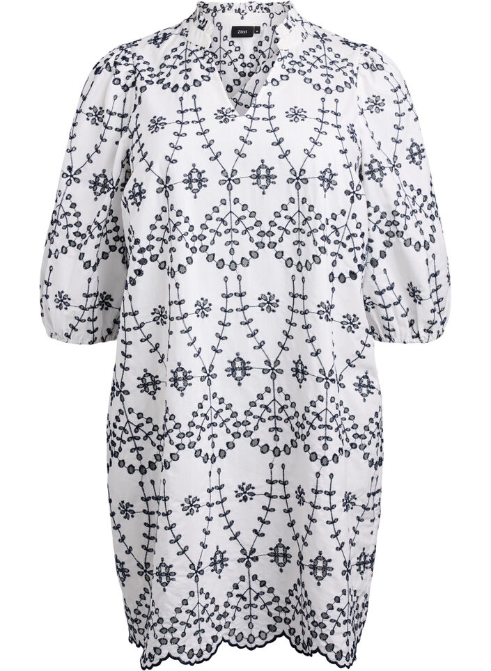 Dress with contrasting broderie anglaise, White w. Navy Blazer, Packshot image number 0