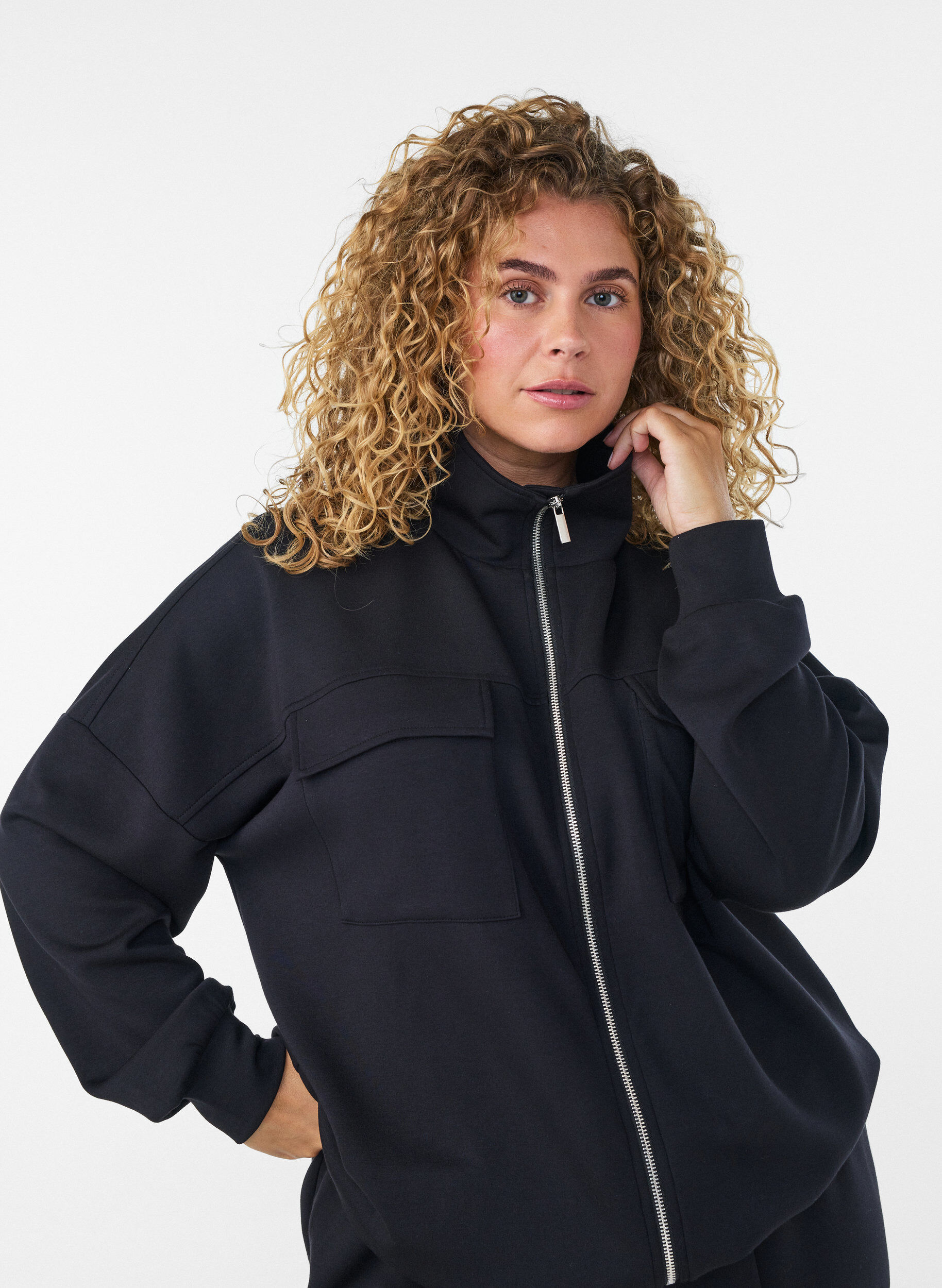 ZizzifashionJersey cardigan with zipper and high collar, Black, Model image number 3