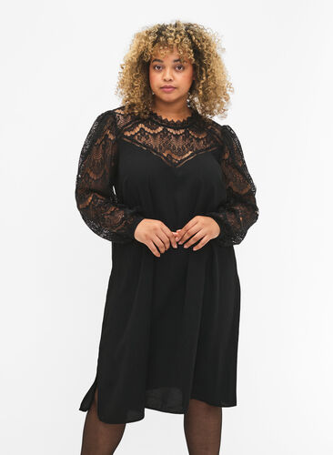 Long sleeve dress with lace, Black, Model image number 0