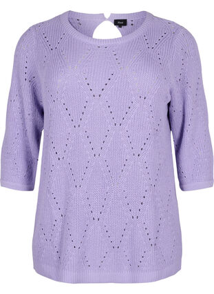 	 Knitted jumper with 3/4 sleeves and lace pattern, Lavender, Packshot image number 0