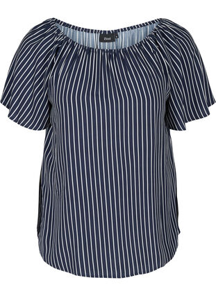 Short-sleeved striped viscose blouse, Blue White stripe, Packshot image number 0