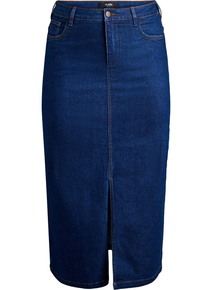 FLASH - Midi denim skirt with a front slit, Blue, Packshot image number 0