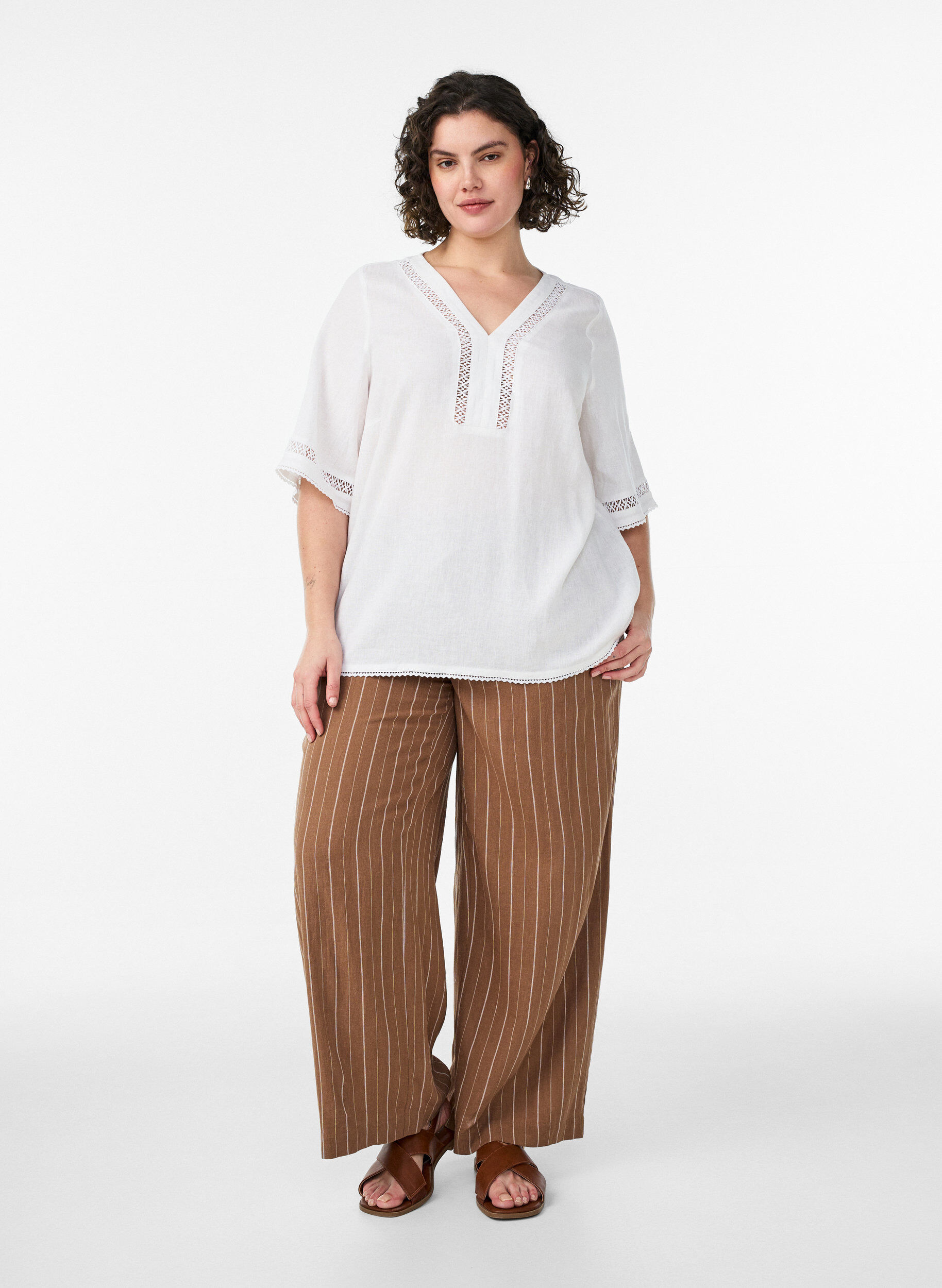 Zizzifashion Wide-leg linen and viscose trousers, Brown, Model image number 0
