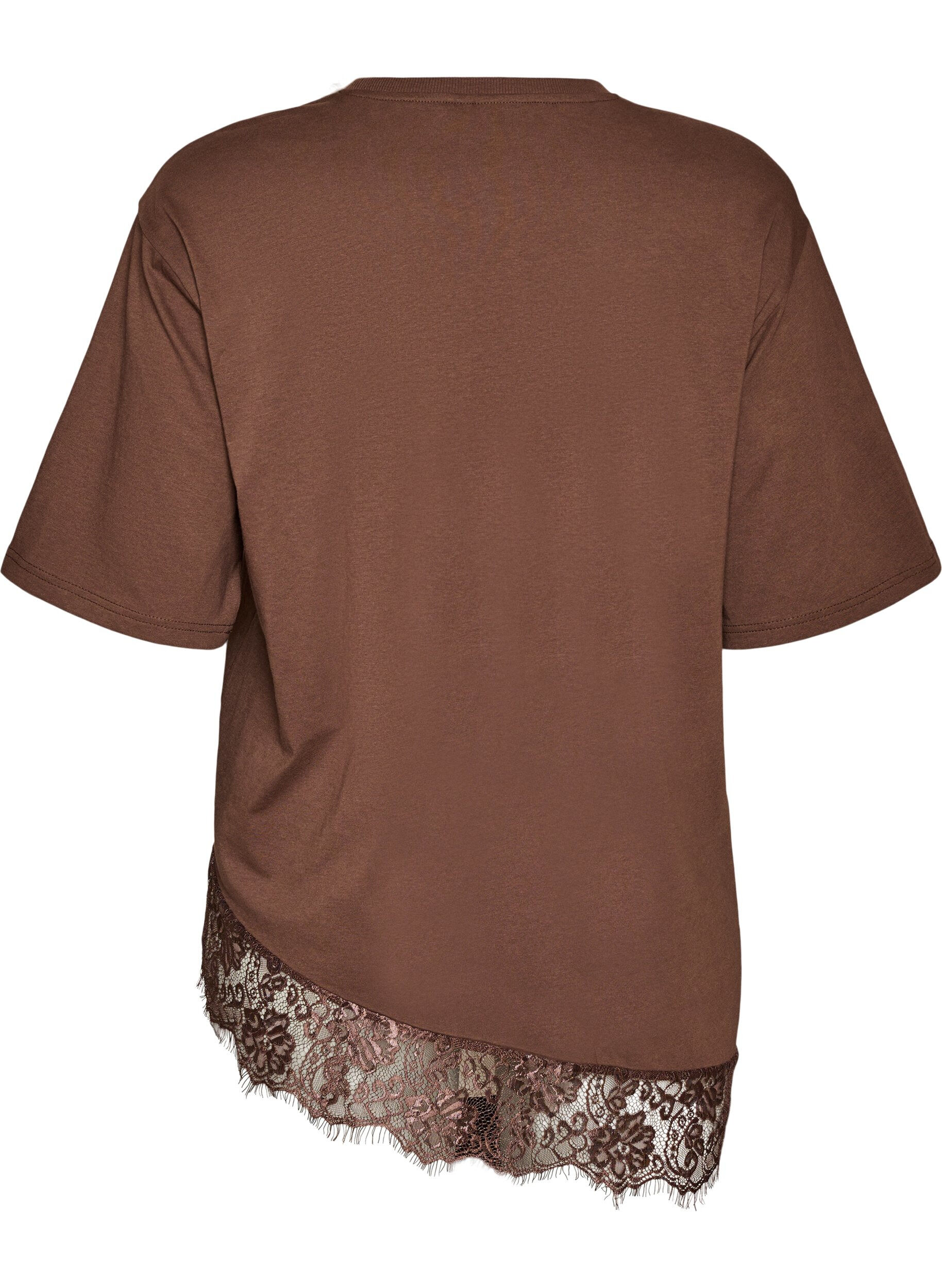 Zizzifashion T-shirt with asymmetric lace hem, Brown, Packshot image number 1