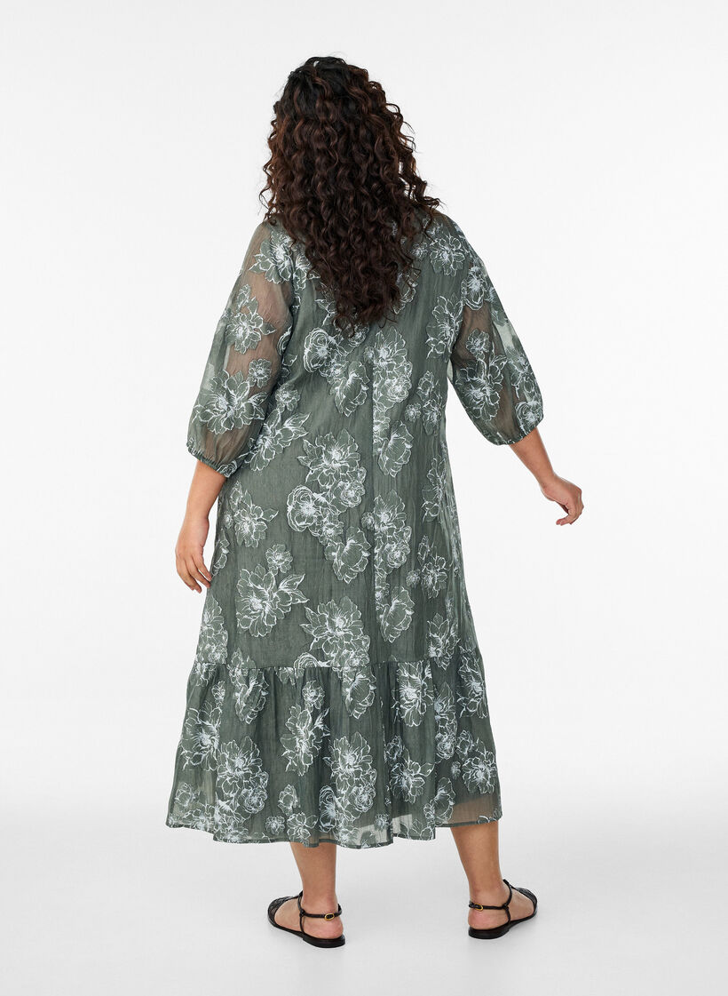 Midi dress with a floral print and sheer 3/4 sleeves, Green, Model image number 1