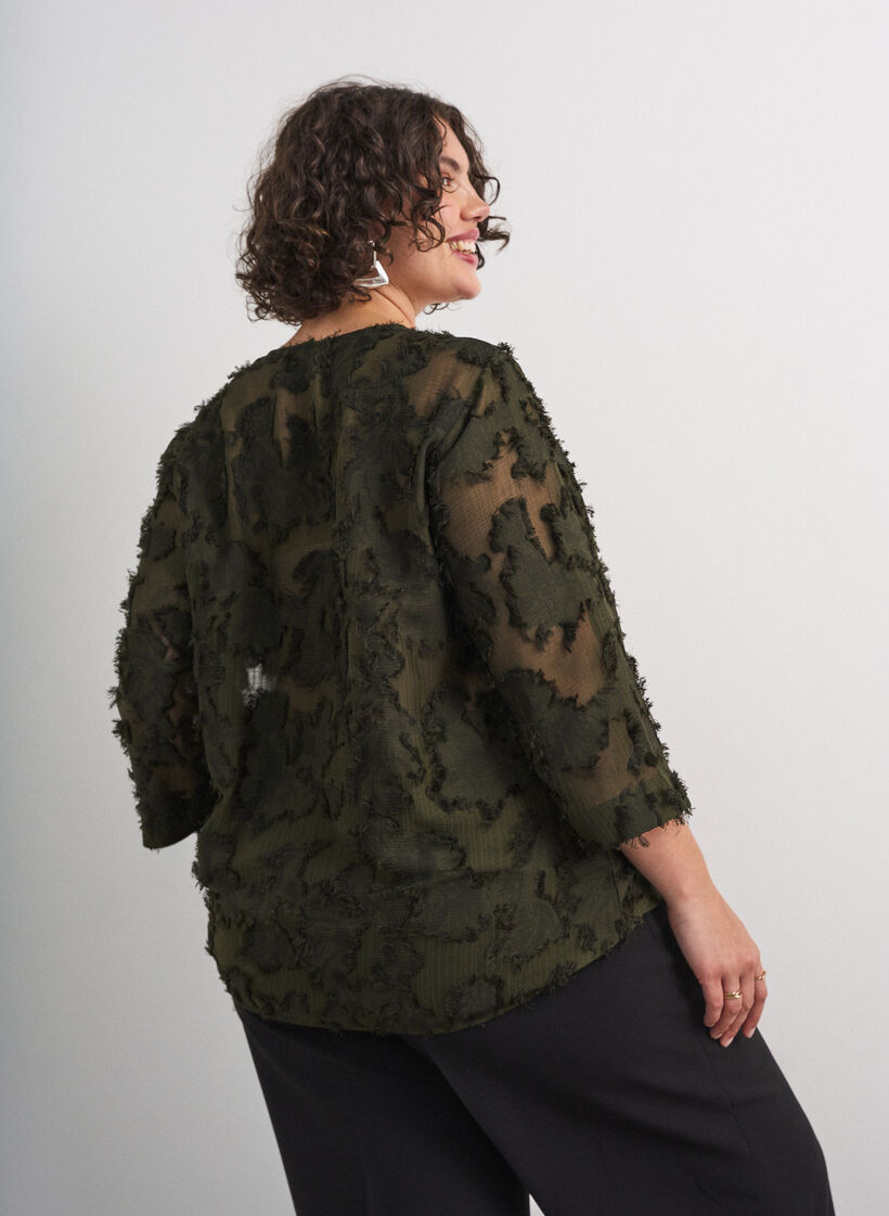 Blouse with frayed threads and texture, Green, Model image number 2