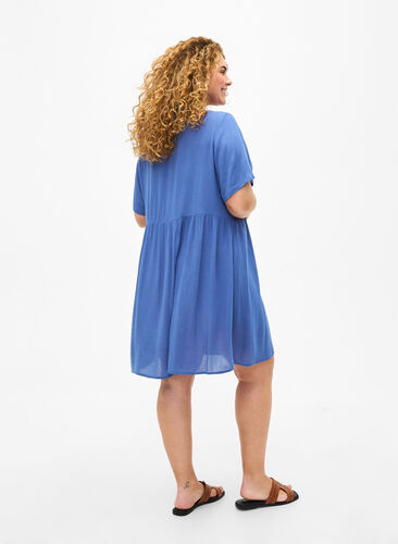 A-line viscose dress with short sleeves, Moonlight Blue, Model image number 1