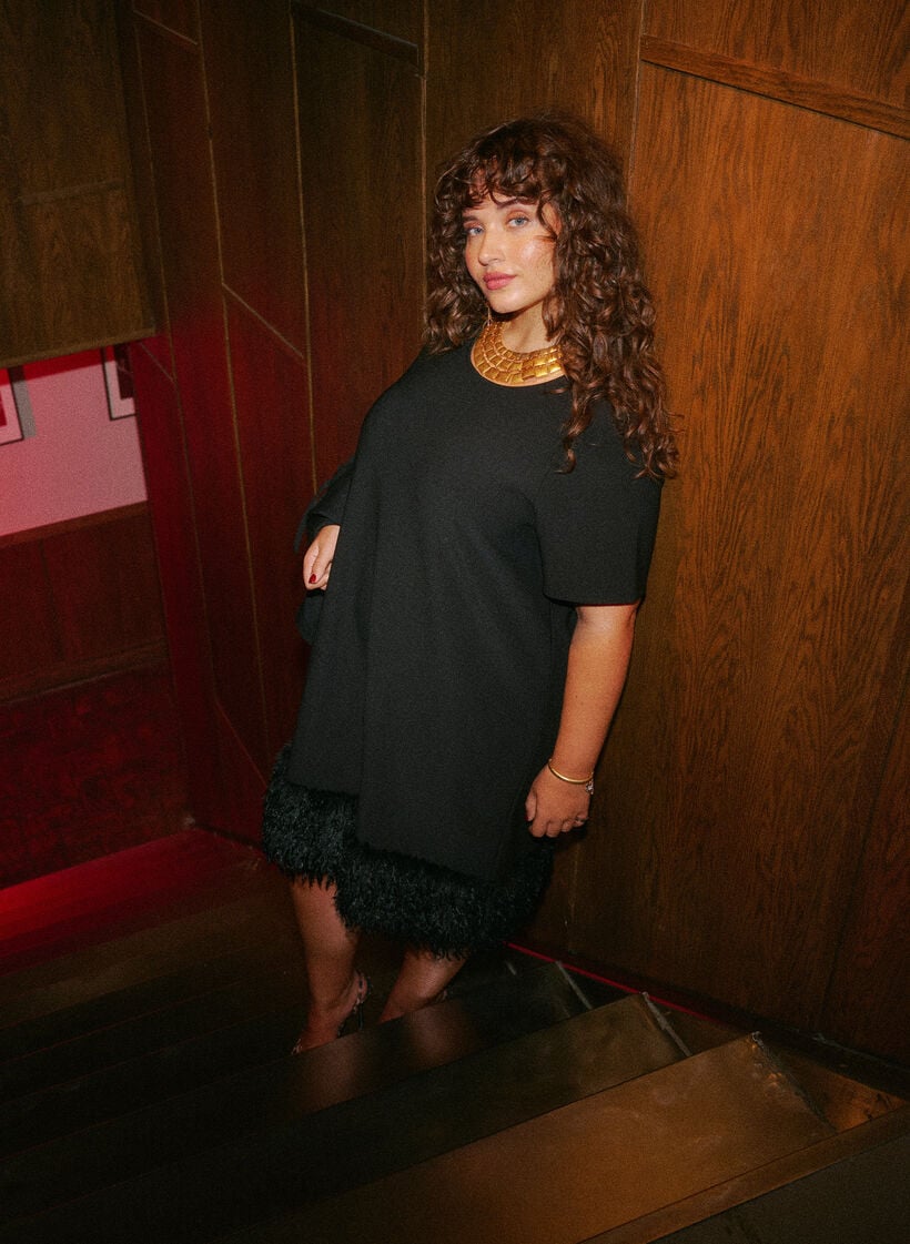Short jersey dress with feather trim, Black, Image image number 0