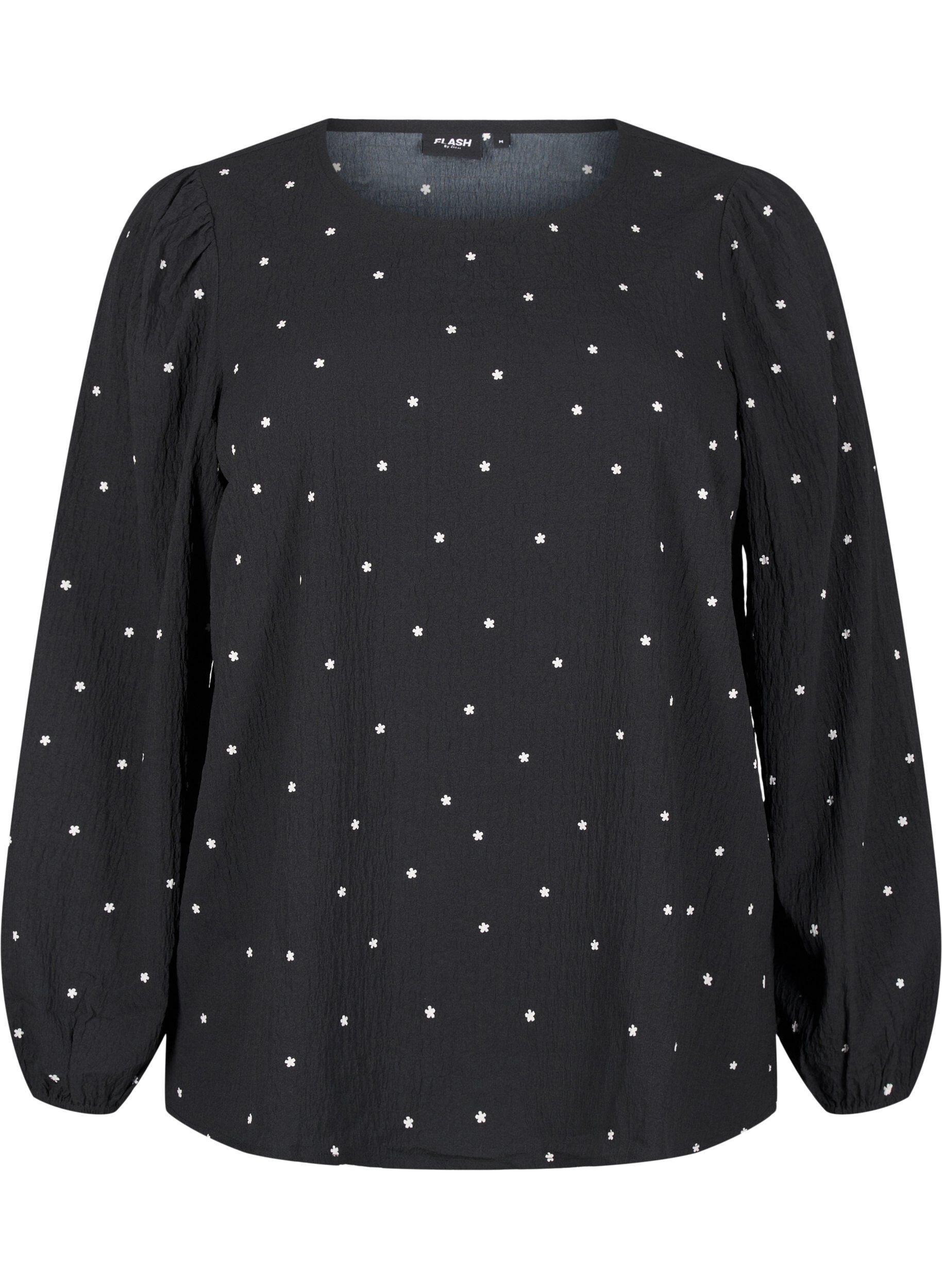 Zizzifashion FLASH - Long-sleeved blouse with small flowers, Black White Flower, Packshot image number 0