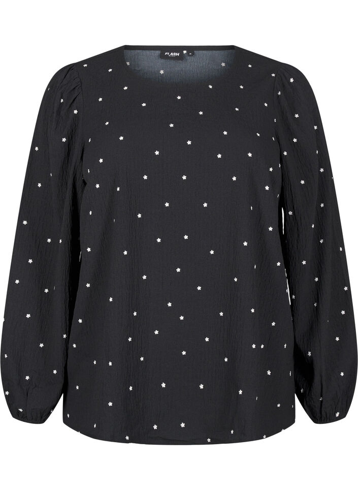 FLASH - Long-sleeved blouse with small flowers, Black White Flower, Packshot image number 0