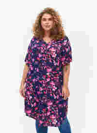 Viscose midi dress with floral print, B. Blue Pink Flower, Model