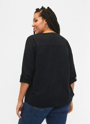 Shirt blouse in cotton with a v-neck, Black, Model image number 1