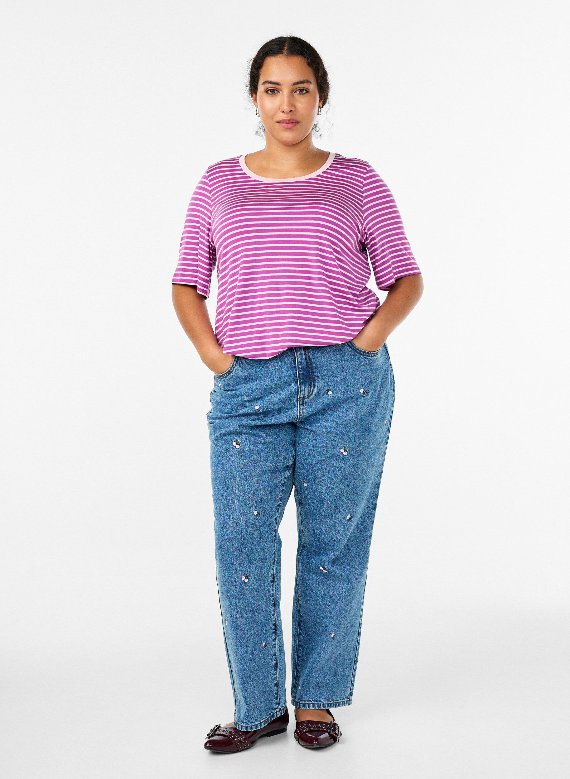 ZizzifashionT-shirt with TENCEL&trade; Lyocell and stripes, Purple, Model image number 1