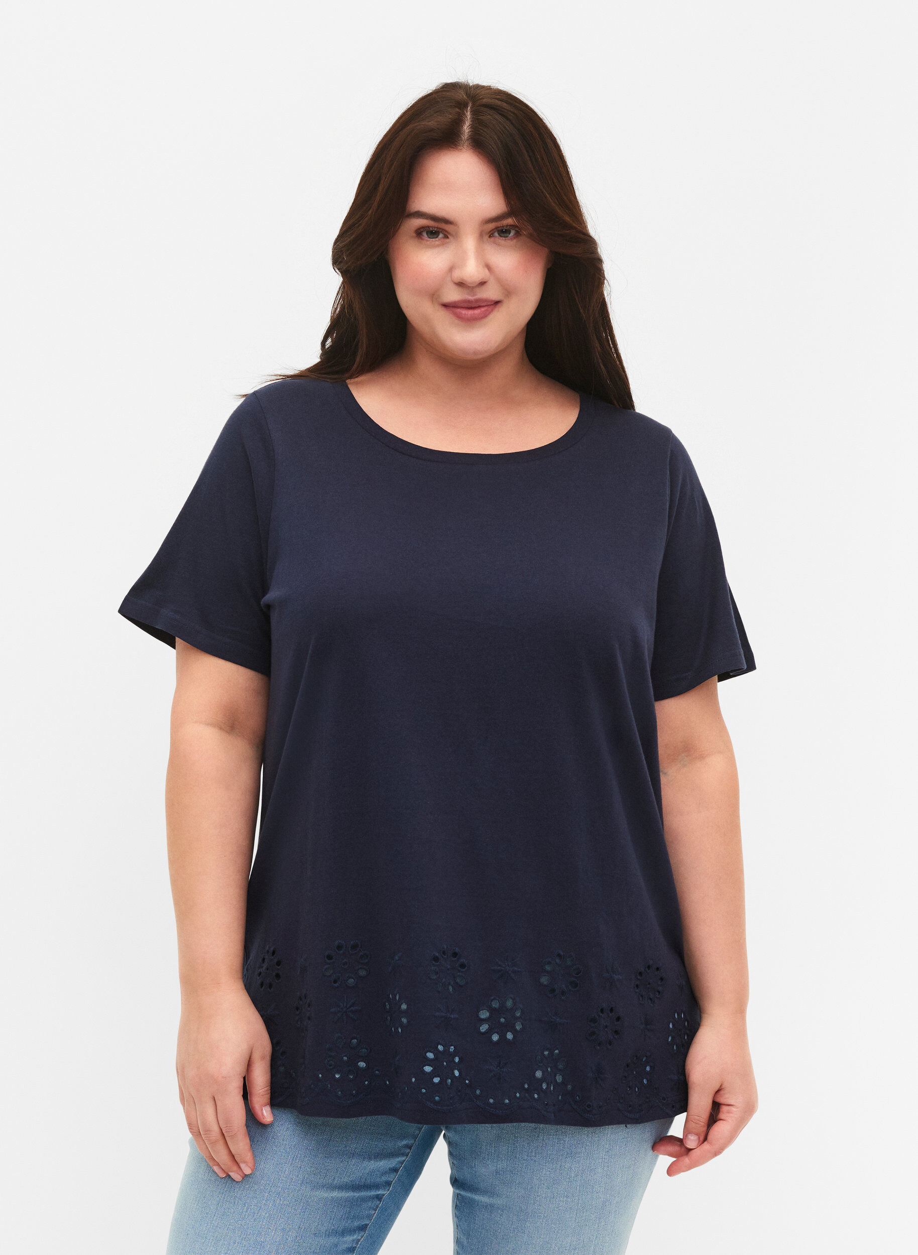 Zizzifashion T-shirt in cotton with embroidery anglaise, Navy Blazer, Model image number 0