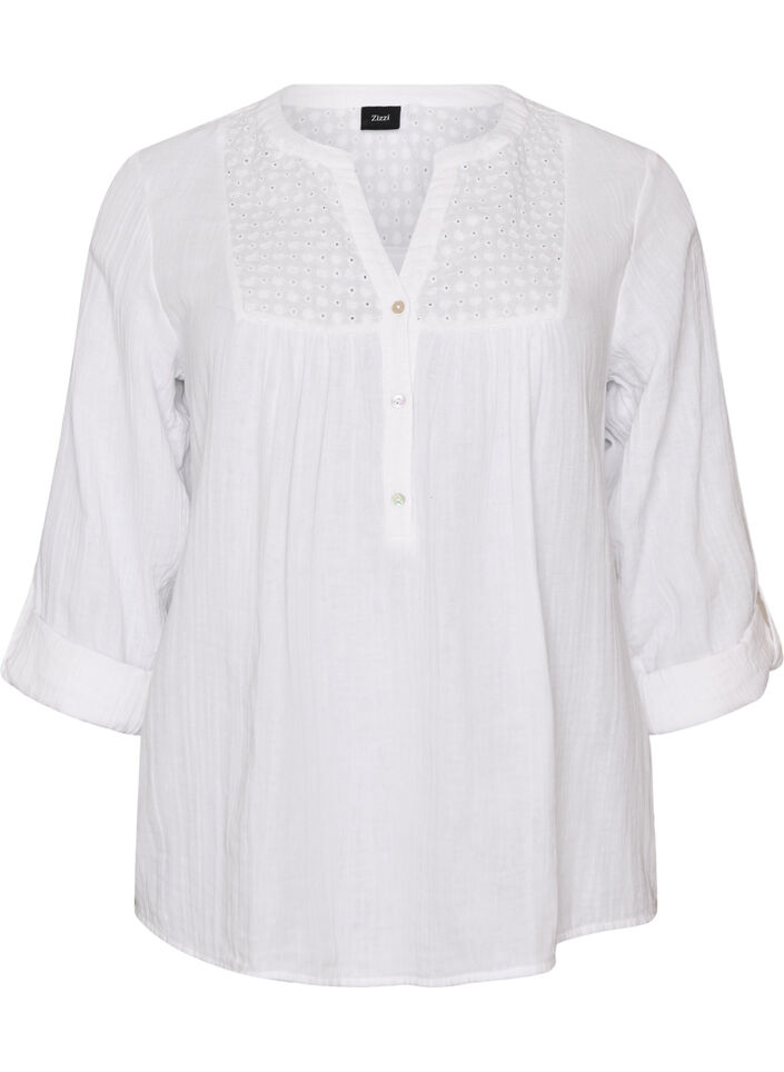 Blouse in cotton muslin with broderie anglaise, White, Packshot image number 0