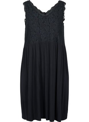 Lace top viscose nightgown, Black, Packshot image number 0