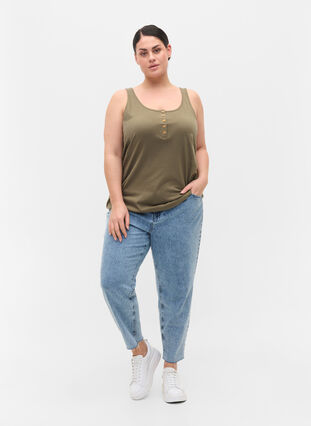 Block coloured cotton top with elastic along the bottom, Dusty Olive, Model image number 2