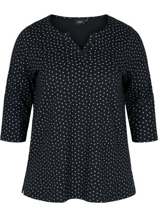 Cotton top with 3/4-length sleeves and floral print, Black w. Blue Flower, Packshot image number 0