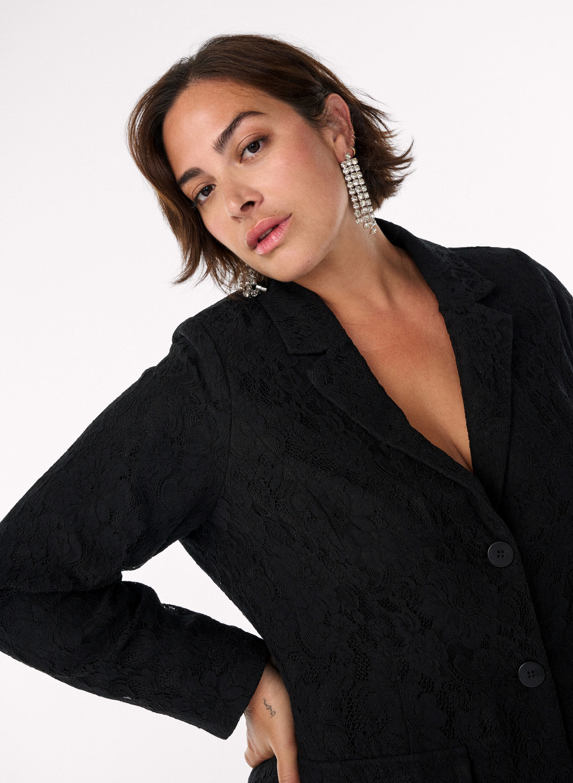 Zizzifashion Lace blazer with button closure, Black, Model image number 3