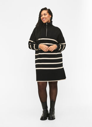 Striped knit dress with high collar and zipper, Black w. Birch, Model image number 2