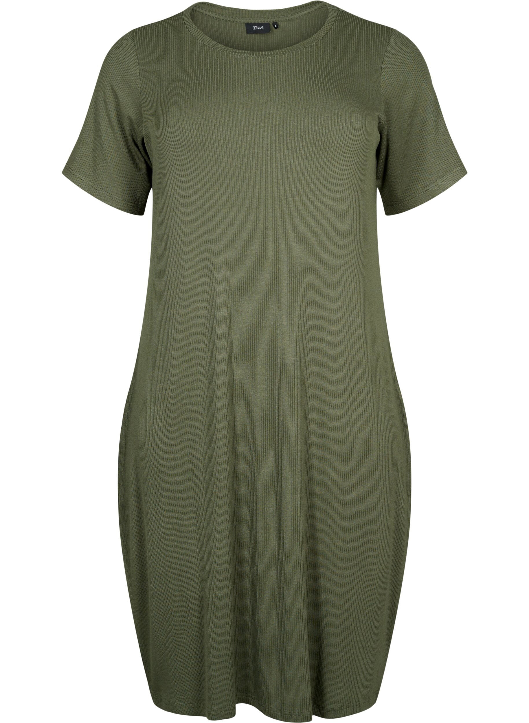 Zizzifashion Viscose rib midi dress with short sleeves, Thyme, Packshot image number 0