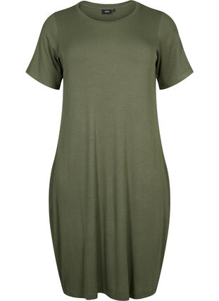 Short-sleeved midi dress in viscose rib quality, Thyme, Packshot image number 0