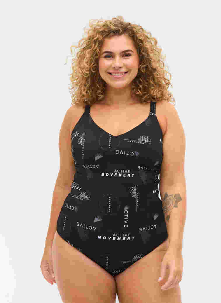Printed swimsuit with v-neck, Logo Print, Model image number 0