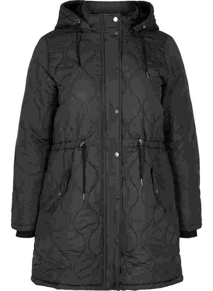 Quilted thermal jacket with fleece lining and detachable hood, Black, Packshot image number 0