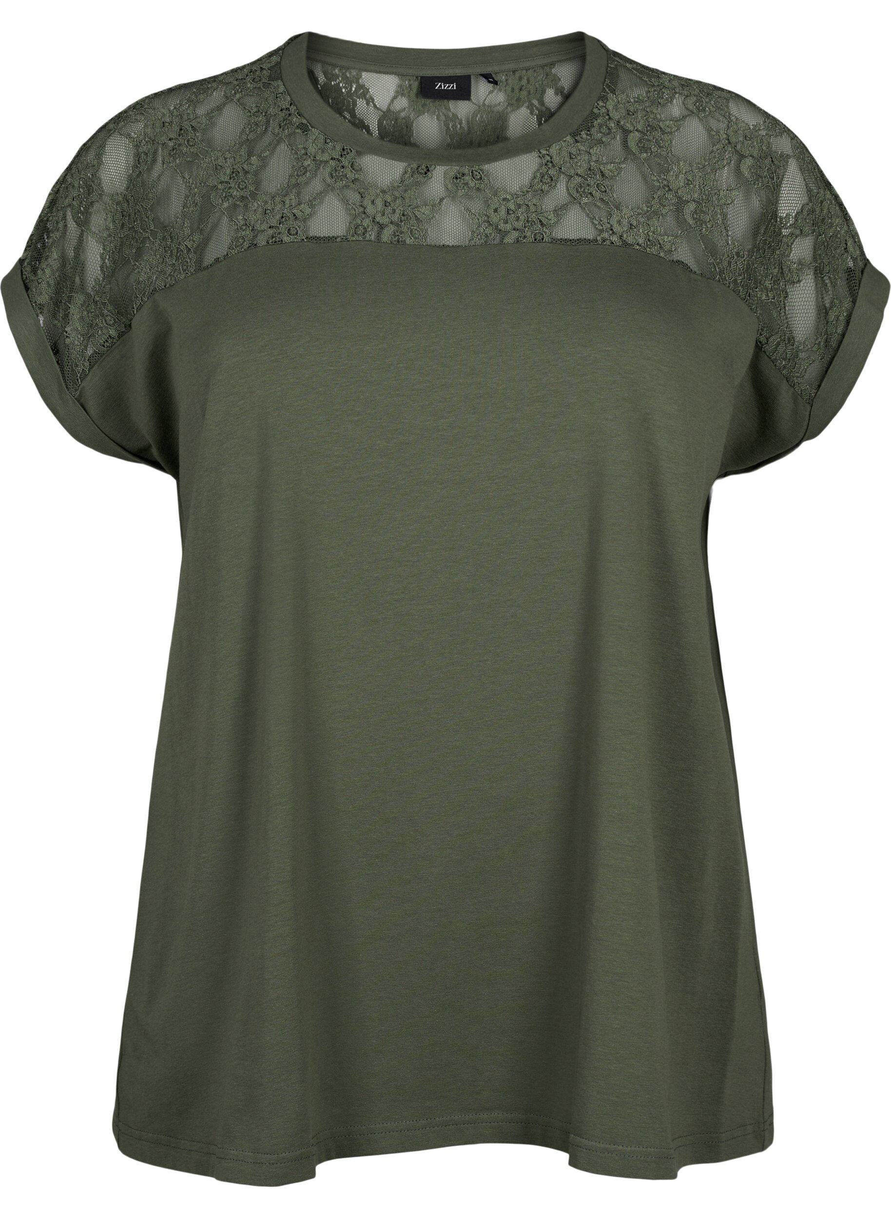 Zizzifashion Short-sleeved cotton t-shirt with lace, Thyme, Packshot image number 0