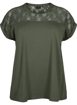 Short-sleeved cotton t-shirt with lace, Thyme, Packshot image number 0
