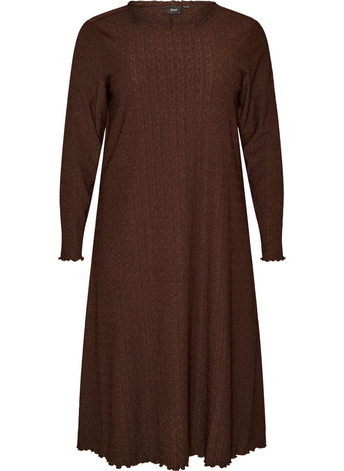 Midi dress with a wavy texture and long sleeves, Brown, Packshot image number 0