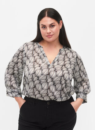 Printed blouse with 3/4 sleeves, Black White Leaf, Model image number 0