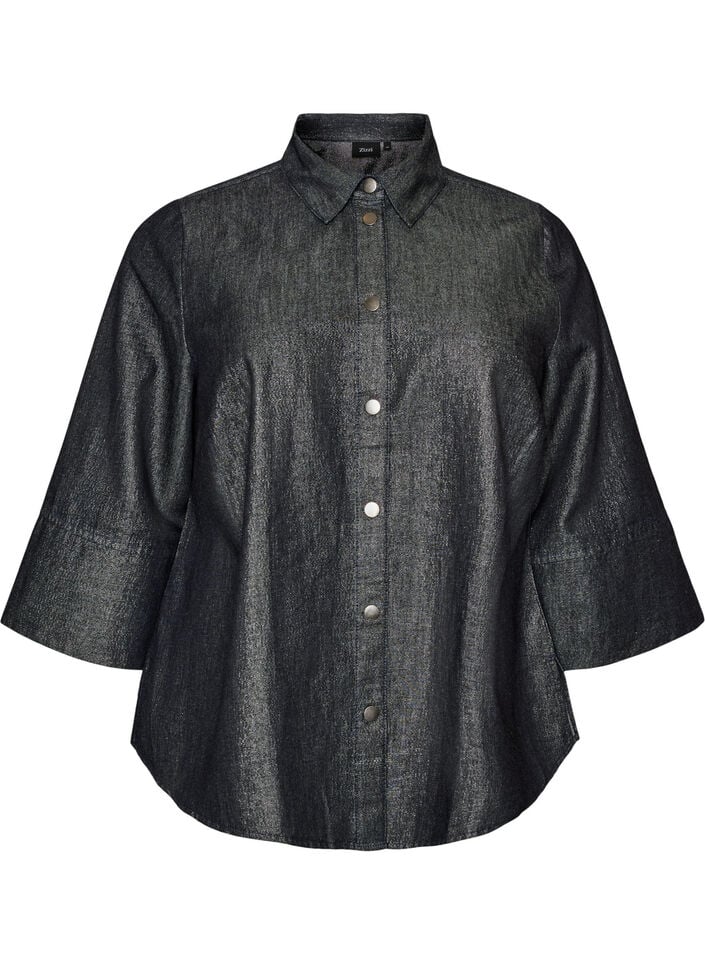 Denim shirt with glitter thread and 3/4 sleeves, Dark Grey, Packshot image number 0