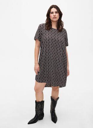 Dress with print and short sleeves, Black S. Graphic AOP, Model image number 2