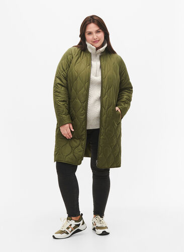 Long quilted jacket with pockets and zipper, Winter Moss, Model image number 4