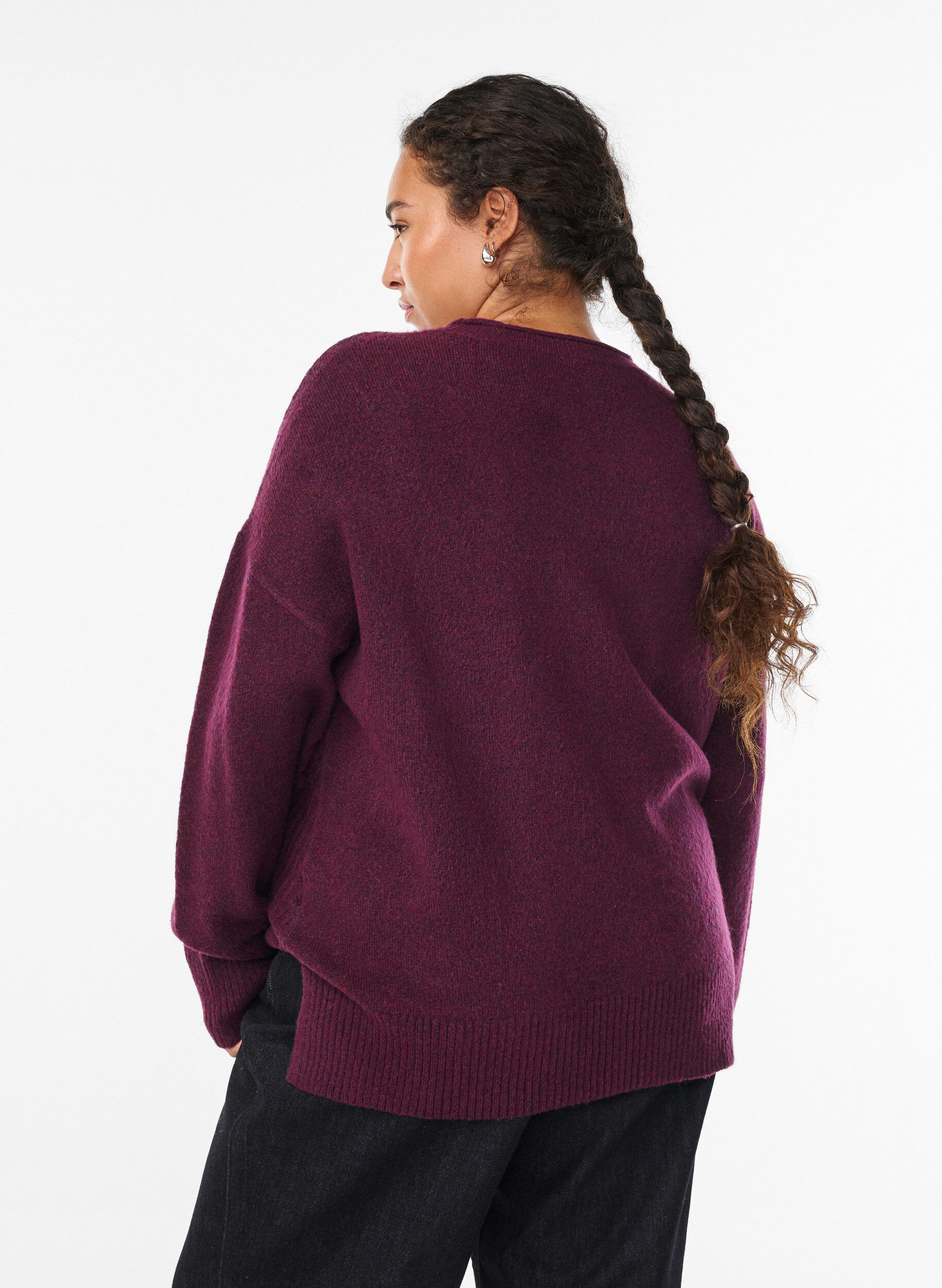 ZizzifashionKnitted blouse with V-shaped rib pattern and slits, Purple, Model image number 2