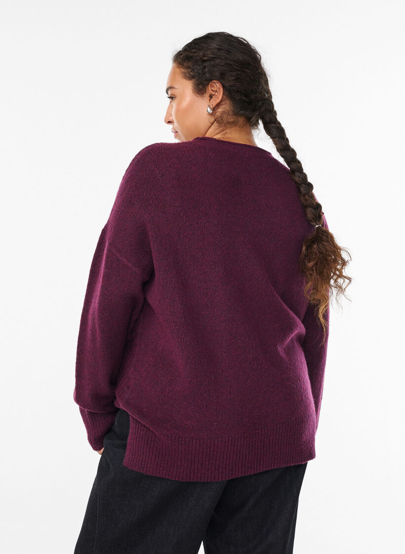 Knitted blouse with V-shaped rib pattern and slits, Purple, Model image number 2