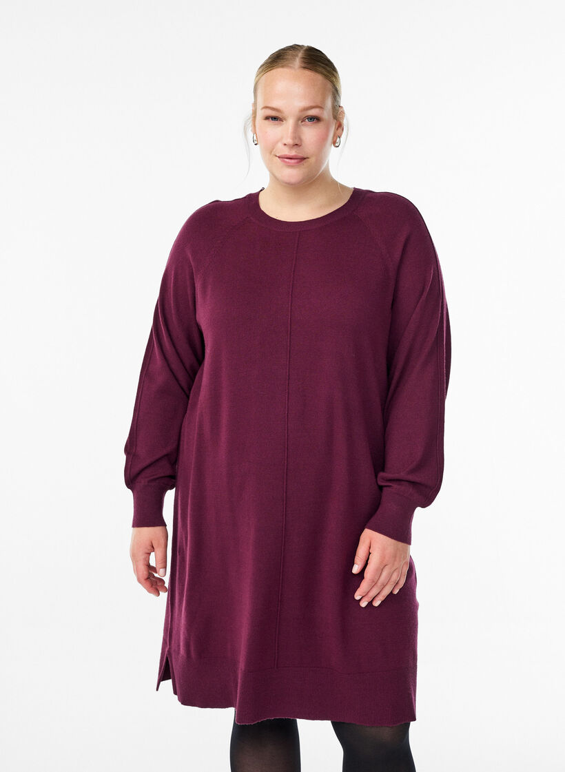 Short knitted dress with raglan sleeves and a centre seam, Red, Model image number 0