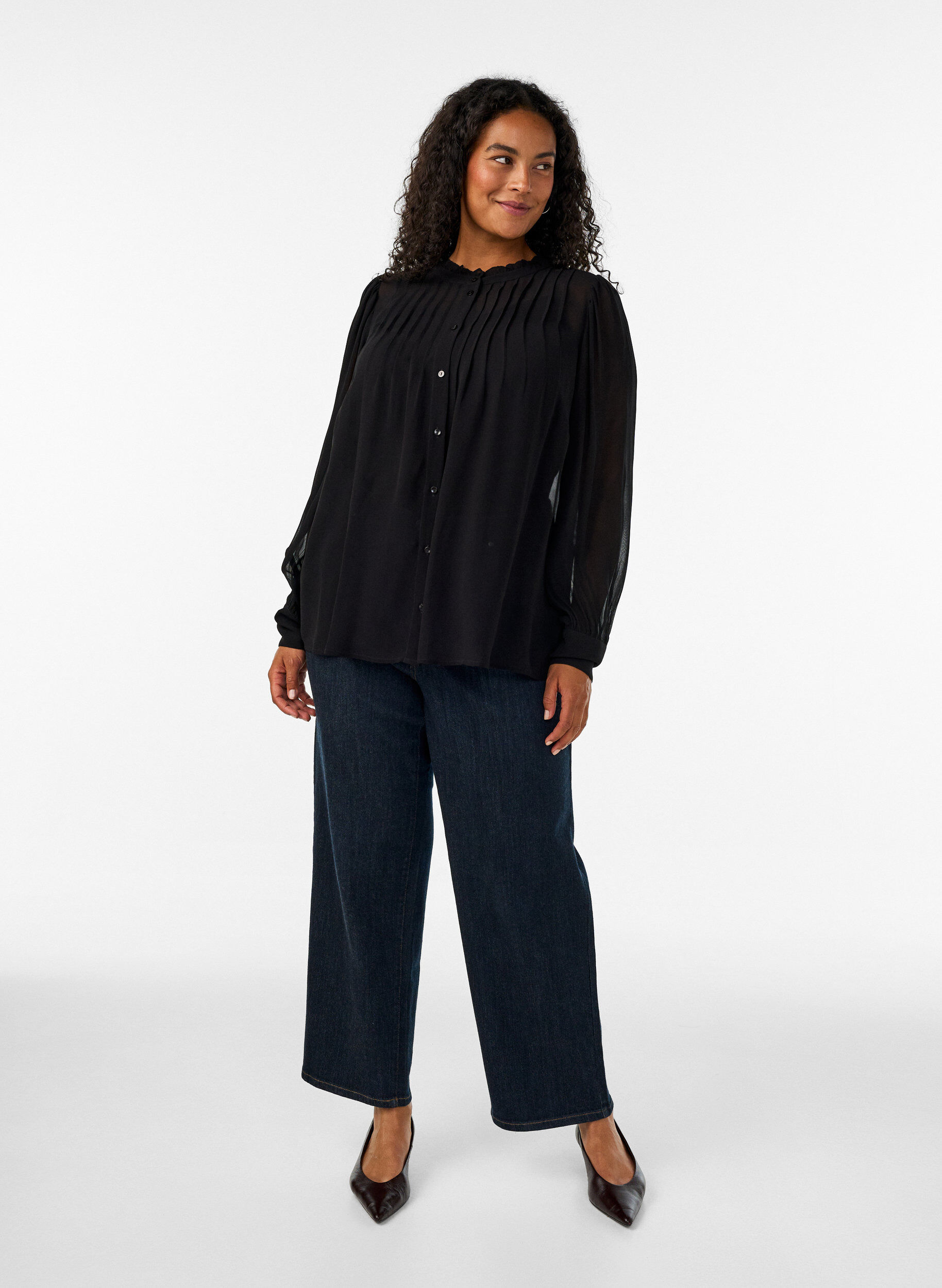 ZizzifashionViscose blouse with a ruffle collar, Black, Model image number 1