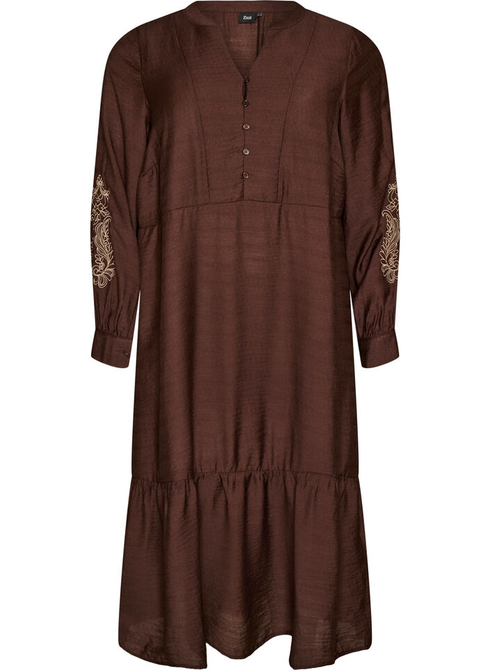 Viscose dress with embroidery and tiered ruffles, Brown, Packshot image number 0