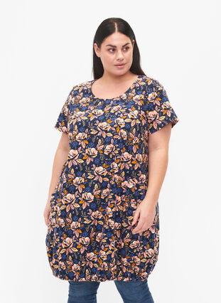 Short-sleeved, printed cotton dress, Blue Orange Flower, Model image number 0