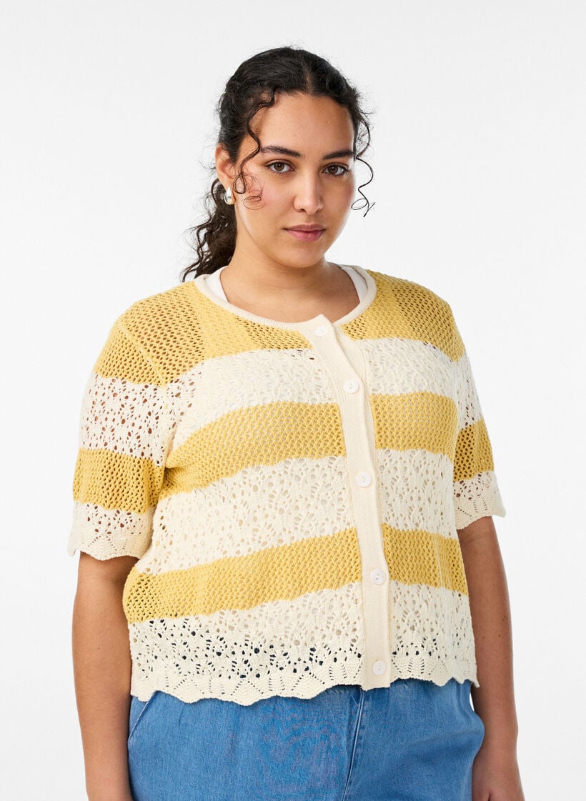 Knitted cardigan with eyelet embroidery and stripes, Yellow, Model image number 0