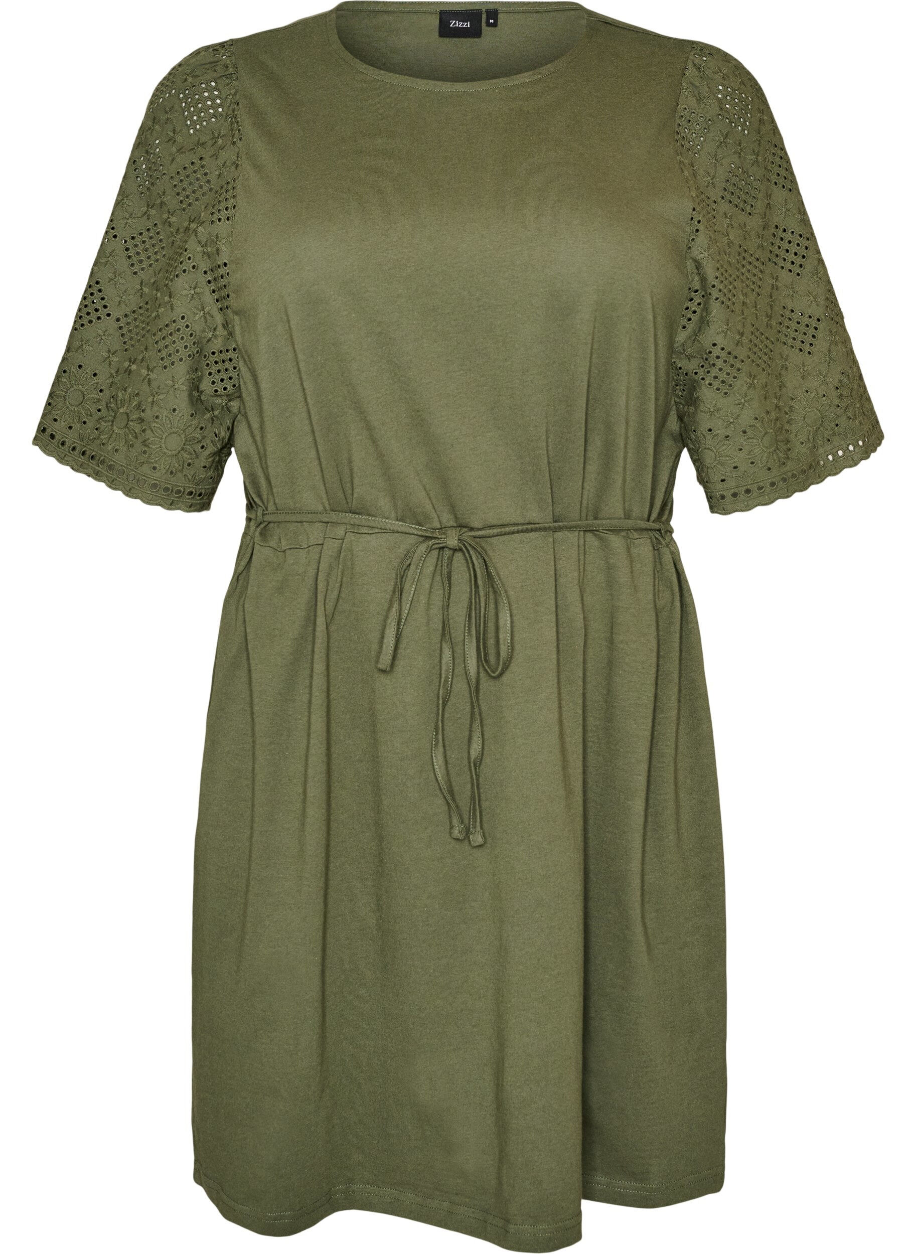 ZizzifashionCotton dress with broderie anglaise sleeves and a tie-waist, Green, Packshot image number 0