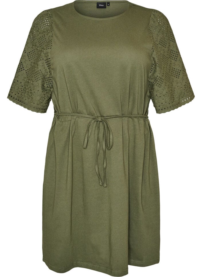 Cotton dress with broderie anglaise sleeves and a tie-waist, Green, Packshot image number 0