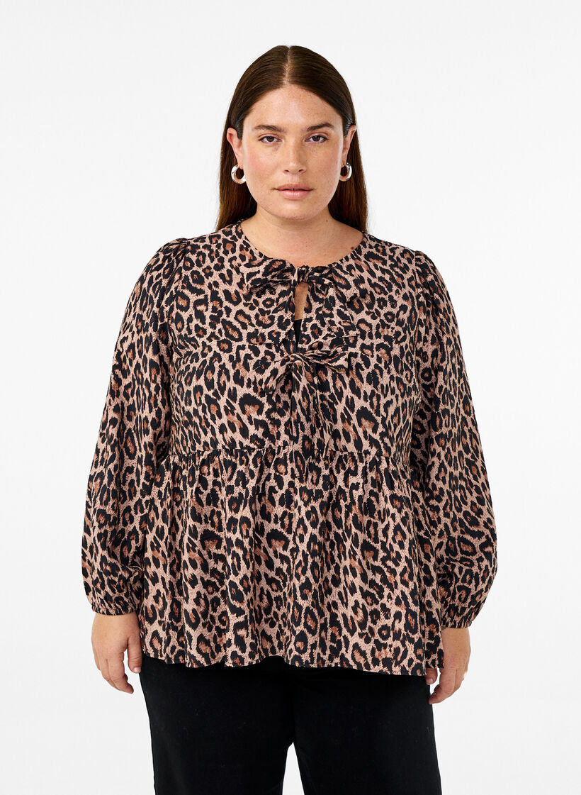 Peplum blouse with tie and leopard print, Brown, Model image number 0
