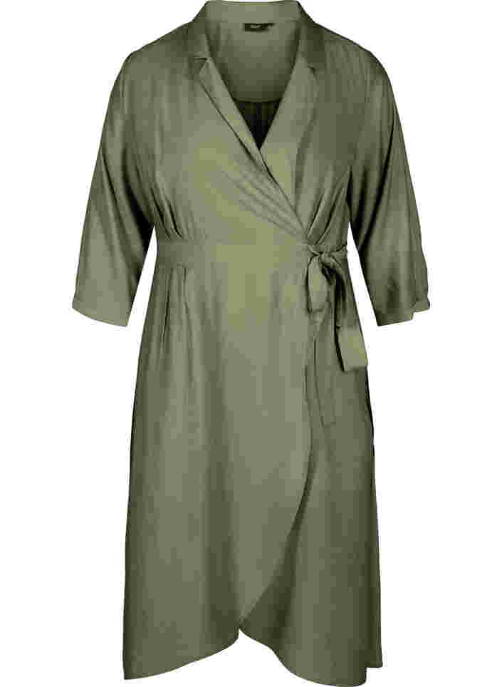 Viscose wrap dress with 3/4 sleeves, Dusty Olive, Packshot image number 0