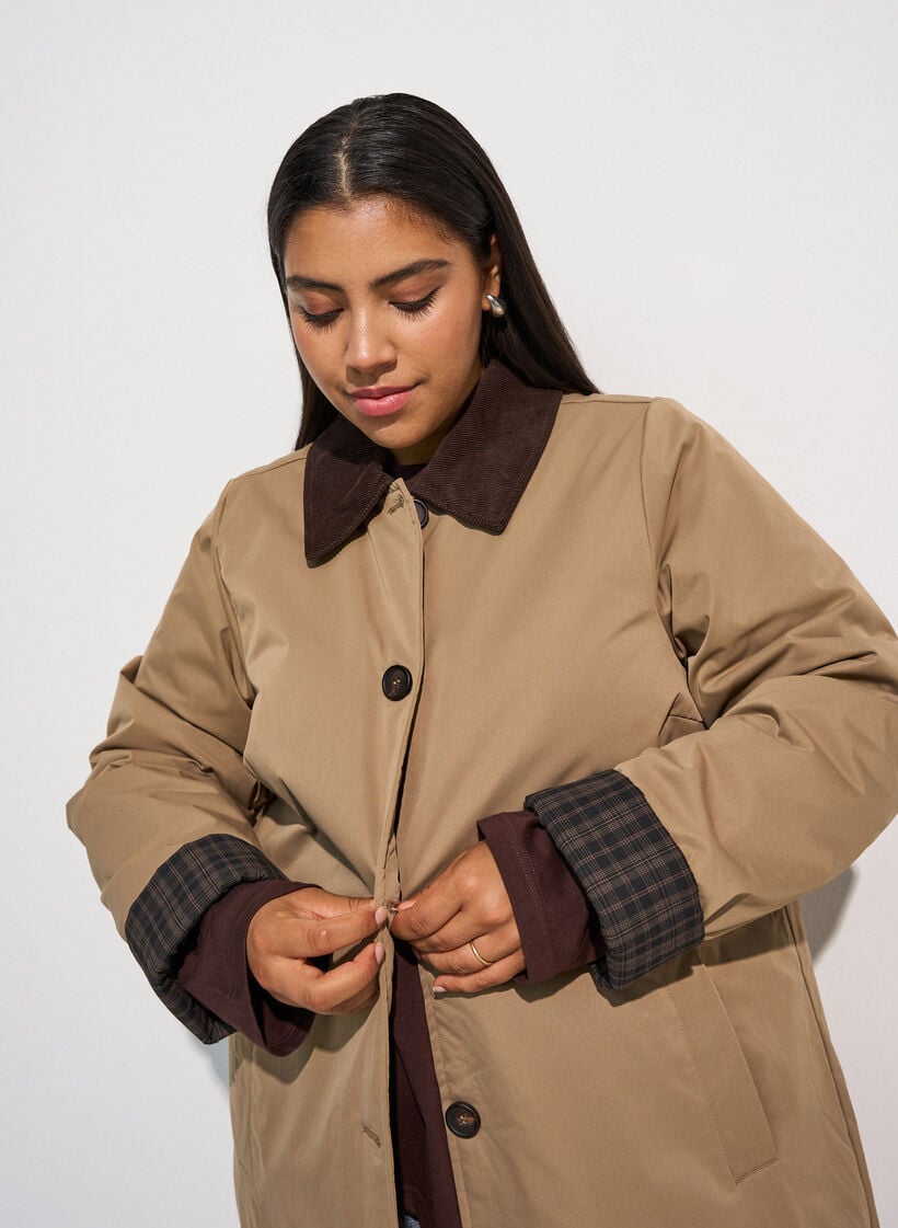 Mid-length jacket with corduroy collar, Beige, Model image number 3