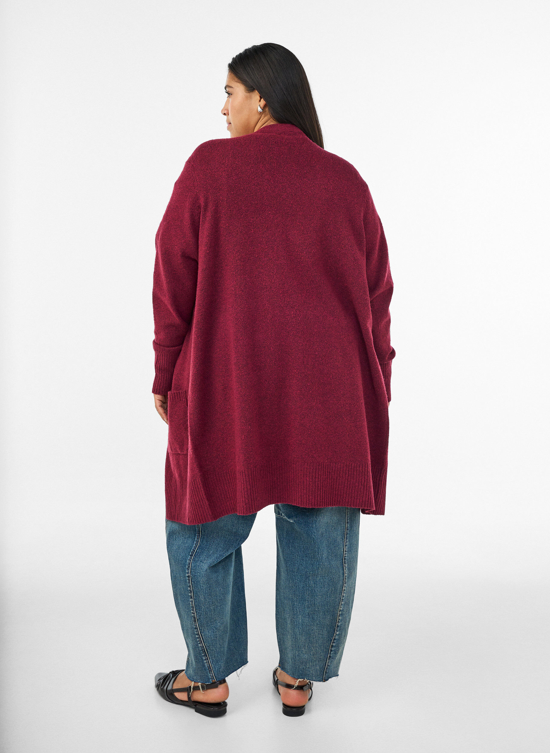 ZizzifashionRibbed Knit Cardigan with Pockets, Red, Model image number 2