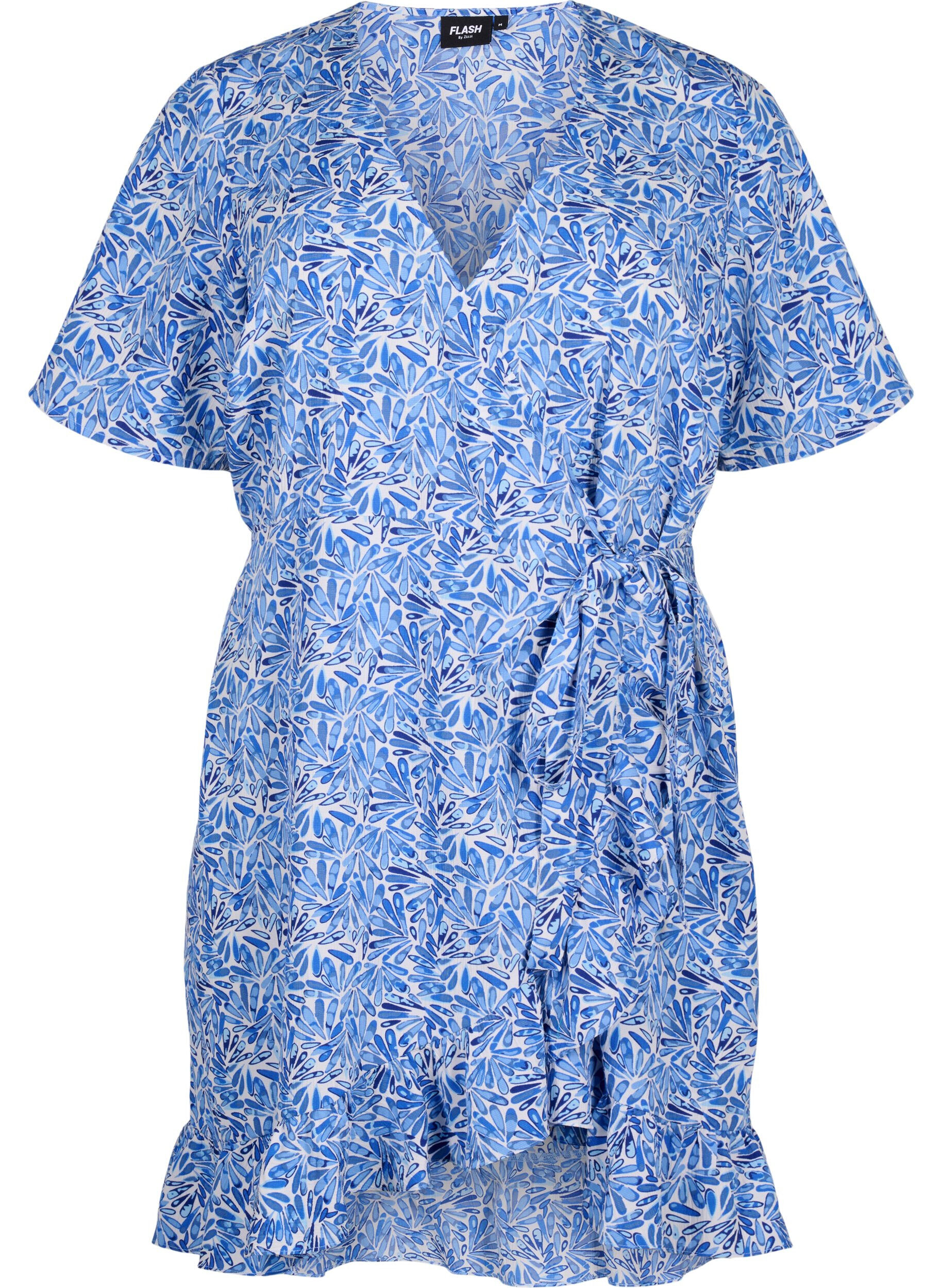 Zizzifashion FLASH - Wrap dress with short sleeves, White Blue AOP, Packshot image number 0